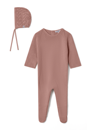 Fragile Knit Lace Bib Footie & Bonnet Set Rose Cloud