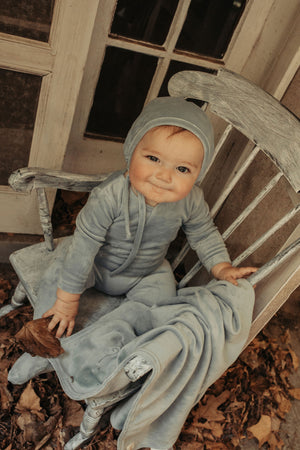 Bondoux Wrap Super Soft Velour Sky Blue Footie, Bonnet & Blanket Set