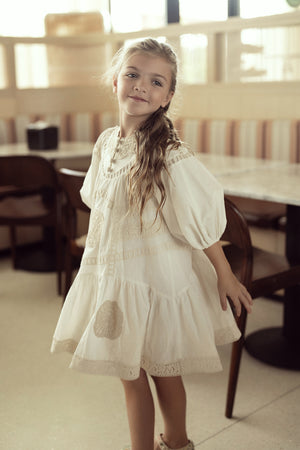 Clô (Cream) - Girls Dress With Lace Neckline