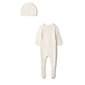 Fragile Textured Knit Off White Footie & Hat Set