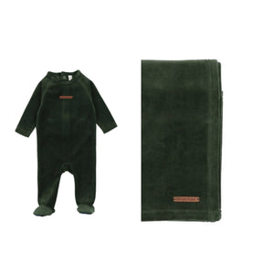 Lil Legs Velour Leather Tab Green Footie, Blanket & Ribbed Beanie