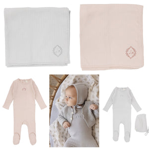 Lilette Ladder Striped Pointelle Footie, Beanie & Blanket Set