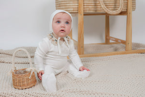Lola Velour Off White Footie Set With Crochet Knit Collar
