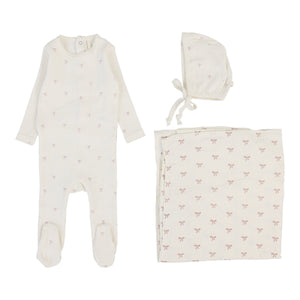Lillette Printed Pointelle 3 Pc Footie Set Cream/Pink Bow