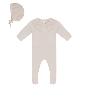 Bebe Bella - Light Beige Footie With Crochet Collar & Bonnet Set