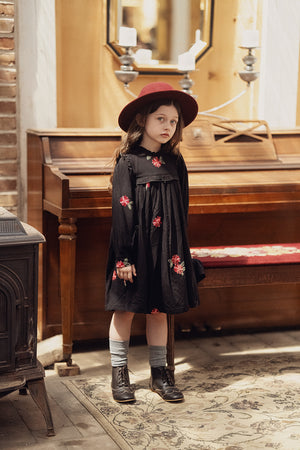 Clô - Black Embroidered Flowers Dress With Ruffles