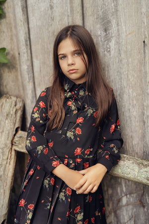 Clô Girls Black Floral Dress With Pleats
