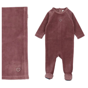 Lil Legs Velour RHINESTONE Dusty Plum Footie, Blanket & Ribbed Beanie