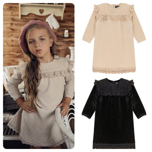 Space Grey - Lace Trim Velvet Girl Dress