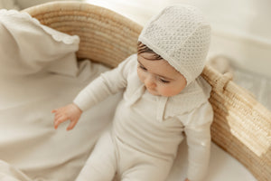 Bebe Bella - Light Beige Footie With Crochet Collar & Bonnet Set