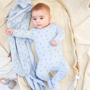 Maniere Pointelle Leaves Baby Blue Footie & Bonnet