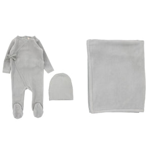 Lillette Velour Wrap Dusty Blue Baby Boys Footie, Bamboo Beanie & Blanket Set