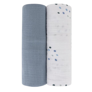 Ely's & Co Two Pack    Blue Dots & Solid Baby Boys Muslin Swaddles
