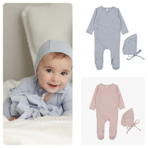 Lillette Pinstripe Footie & Hat Set.         Snaps open in front