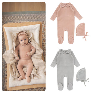 Lillette Velour Collar Footie & Bonnet Set