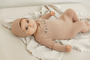 Apricot - Baby Girls Rose Cloud  Rib Knit Footie & Bonnet Set