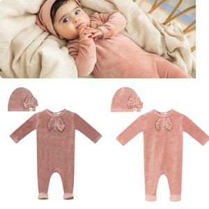 Bebe Bella - Baby Velour Footie With Bow And Beanie Set