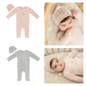 Charlotte & George  Cotton Velour Footie & Beanie Set