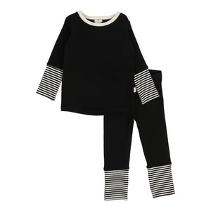 Lil Legs Black Cream Striped Cuff Lounge Set