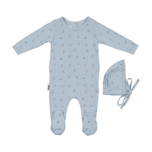 Maniere Pointelle Leaves Baby Blue Footie & Bonnet