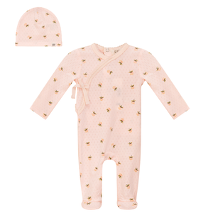 Lux (Gold) - Floral Print Pointelle Jersey Baby Girl Footie & Beanie Set