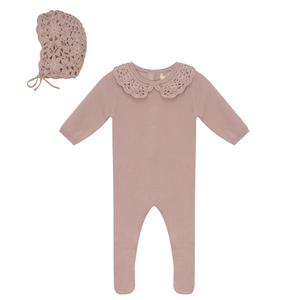 Bebe Bella - Baby Girls Footie With Crochet Collar & Bonnet Set