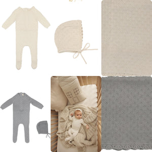 Lillette Vintage  Knit Footie, Bonnet & Blanket Set