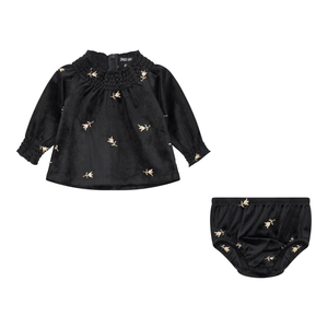 Space Grey - Embroidered Velvet Baby Top And Bloomer Set