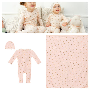 Lux (Gold) - Floral Print Pointelle Jersey Baby Girl Footie, Hat & Blanket Set