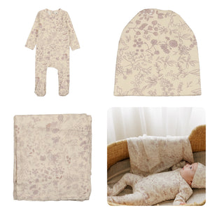 Bonjoy Lilac Print Footie, Swaddle & Hat Set