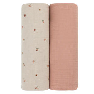 Ely's & Co Two Pack |  Pear  + Solid Pink Baby Girls Muslin Swaddles