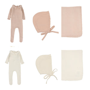 Lilllette Knit Ruffle Collar Footie & Bonnet & Blanket Set