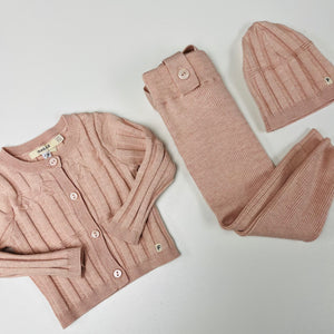 Fragile - Girls Pink Knit Set W/Beanie & removable suspenders