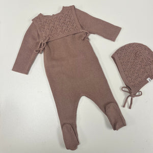 Fragile Knit Lace Bib Footie & Bonnet Set Rose Cloud