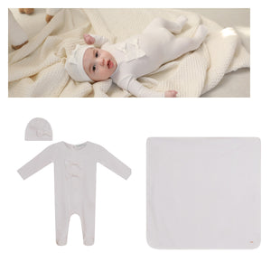 Fragile Ribbed Double Bow Footie, Beanie & Blanket Set