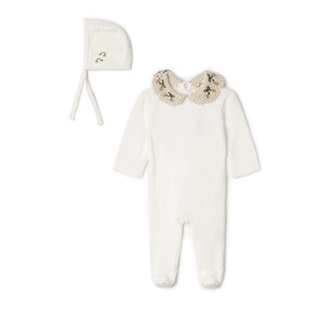 Lola Velour Off White Footie Set With Crochet Knit Collar