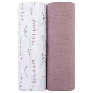 Ely's & Co Two Pack Delicate Leaves | Solid Lavender  Baby Girls Muslin Swaddles