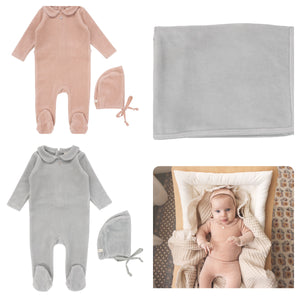 Lillette Velour Collar Footie, Bonnet & Blanket Set