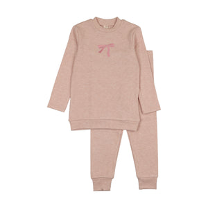 Bonjoy Pink Bow Embroidered Graphic Sweatshirt Set