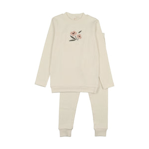 Bonjoy Ivory Flower Embroidered Graphic Sweatshirt Set