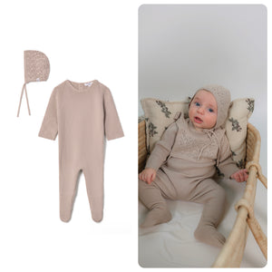 Fragile Knit Lace Bib Footie & Bonnet Set Mushroom