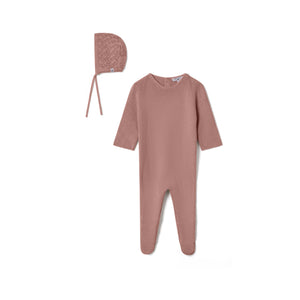 Fragile Knit Lace Bib Footie & Bonnet Set Rose Cloud