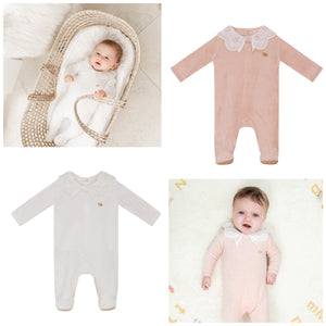 Clô - Baby Velour Footie With Embroidery Collar