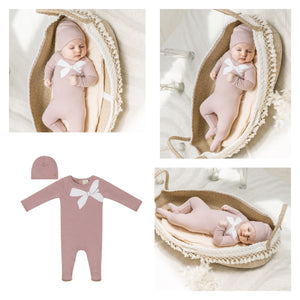 Clô (Cream) - Baby Footie & Hat Set With Bow Print