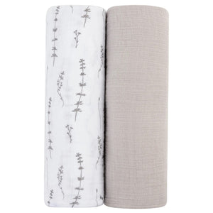 Ely's & Co Two Pack Baby Forest Grey Leaf | Pebble Grey Neutral Muslin Swaddles