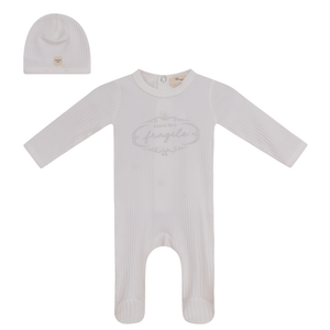 Fragile White 3 Pc Footie, Blanket & Hat SET With Puffed Logo